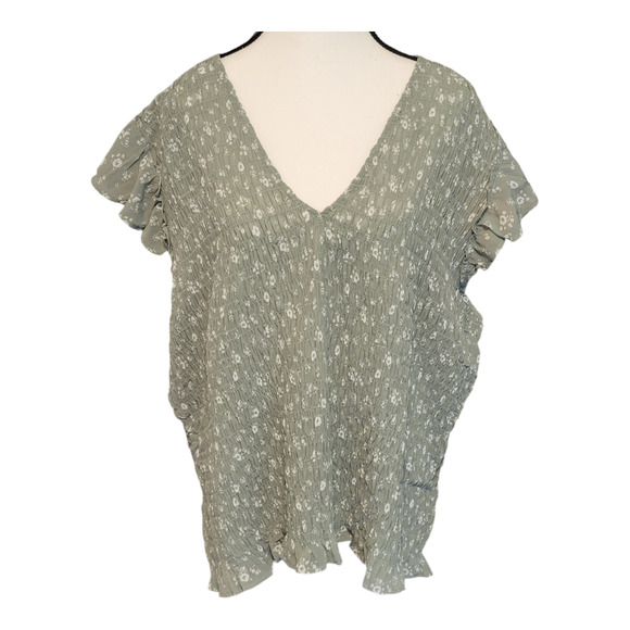 Madewell Top Womens Size 26W Sage Green Lucie Smocked V-Neck Cropped Cap Sleeve - Picture 1 of 9